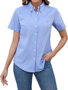 Women's Casual Short Sleeve Button Down Shirt Periwinkle Size L